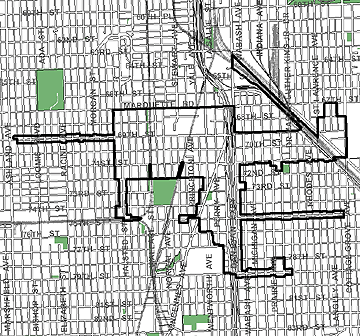 67th/Wentworth TIF district, roughly bounded on the north by Marquette Road, 79th Street on the south, Cottage Grove Avenue on the east, and Ashland Avenue on the west.